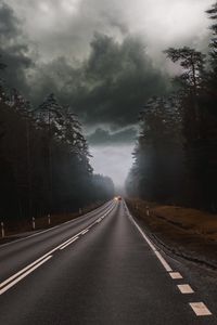 Preview wallpaper road, fog, clouds, overcast, cars, trees