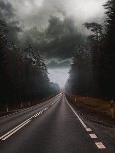 Preview wallpaper road, fog, clouds, overcast, cars, trees
