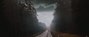 Preview wallpaper road, fog, clouds, overcast, cars, trees