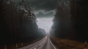 Preview wallpaper road, fog, clouds, overcast, cars, trees