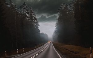 Preview wallpaper road, fog, clouds, overcast, cars, trees