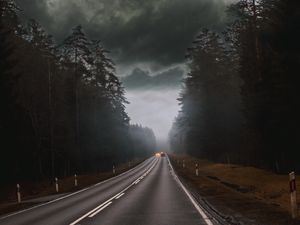 Preview wallpaper road, fog, clouds, overcast, cars, trees