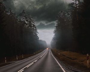 Preview wallpaper road, fog, clouds, overcast, cars, trees