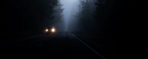 Preview wallpaper road, fog, dark, trees, car