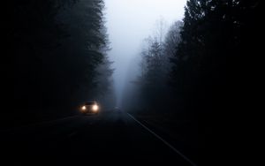 Preview wallpaper road, fog, dark, trees, car
