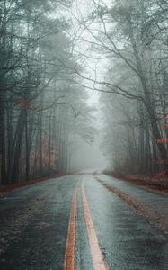 Preview wallpaper road, fog, forest, autumn, marking, asphalt