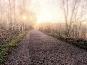 Preview wallpaper road, fog, light, person, silhouette