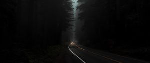 Preview wallpaper road, fog, lights, trees, dark, night