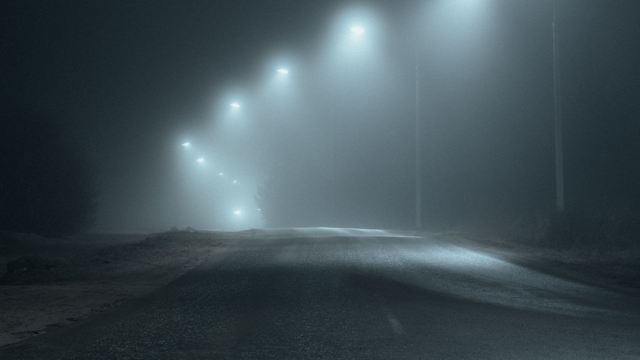 Wallpaper road, fog, lights, light, dark