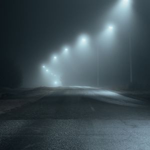 Preview wallpaper road, fog, lights, light, dark