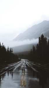Preview wallpaper road, fog, marking, mountains, wet, alberta, canada