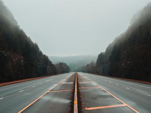 Preview wallpaper road, fog, marking, trees, lines