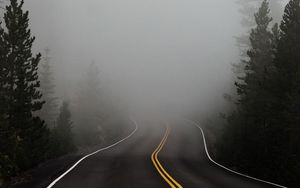 Preview wallpaper road, fog, marking, asphalt, turn, trees