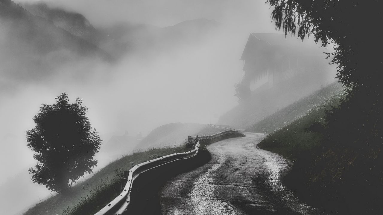 Wallpaper road, fog, mountains, trees, bw