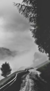 Preview wallpaper road, fog, mountains, trees, bw