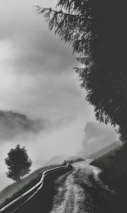 Preview wallpaper road, fog, mountains, trees, bw