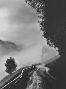 Preview wallpaper road, fog, mountains, trees, bw