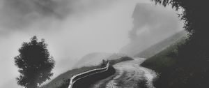 Preview wallpaper road, fog, mountains, trees, bw