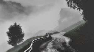 Preview wallpaper road, fog, mountains, trees, bw