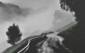 Preview wallpaper road, fog, mountains, trees, bw