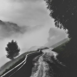 Preview wallpaper road, fog, mountains, trees, bw