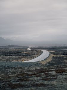 Preview wallpaper road, fog, mountains, tortuous, hilly