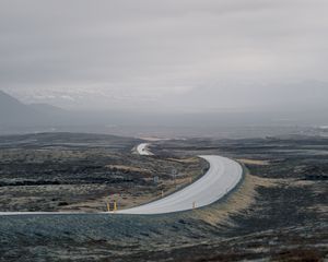 Preview wallpaper road, fog, mountains, tortuous, hilly