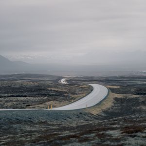 Preview wallpaper road, fog, mountains, tortuous, hilly