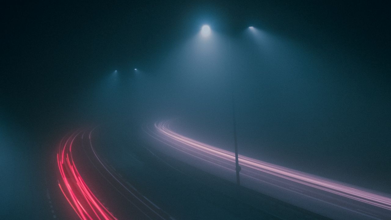 Wallpaper road, fog, night, dark, lights