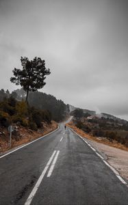 Preview wallpaper road, fog, silhouette, loneliness, tree