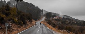 Preview wallpaper road, fog, silhouette, loneliness, tree