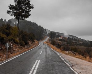 Preview wallpaper road, fog, silhouette, loneliness, tree