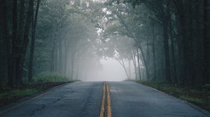 Preview wallpaper road, fog, trees, marking, asphalt