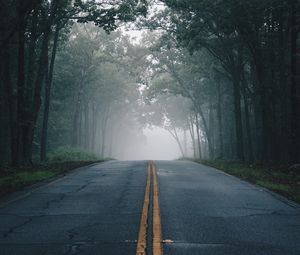 Preview wallpaper road, fog, trees, marking, asphalt