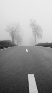 Preview wallpaper road, fog, trees, bw, hills