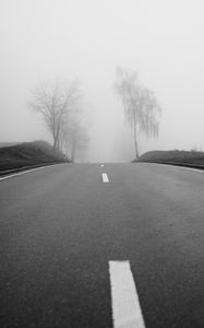 Preview wallpaper road, fog, trees, bw, hills