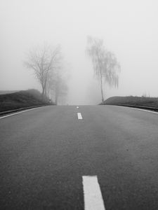 Preview wallpaper road, fog, trees, bw, hills