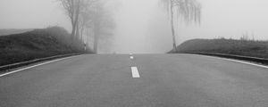 Preview wallpaper road, fog, trees, bw, hills