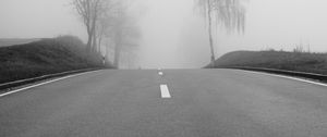 Preview wallpaper road, fog, trees, bw, hills