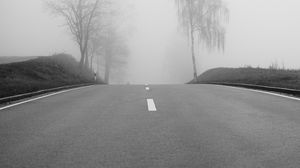 Preview wallpaper road, fog, trees, bw, hills