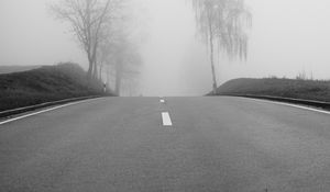 Preview wallpaper road, fog, trees, bw, hills