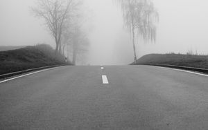 Preview wallpaper road, fog, trees, bw, hills