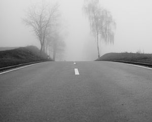 Preview wallpaper road, fog, trees, bw, hills