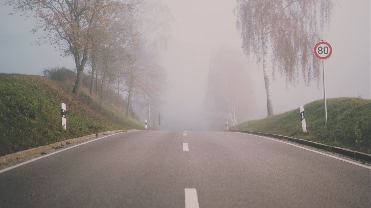 Wallpaper road, fog, trees, asphalt