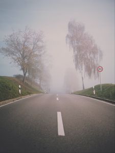 Preview wallpaper road, fog, trees, asphalt