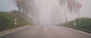 Preview wallpaper road, fog, trees, asphalt