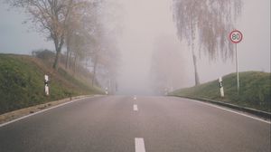 Preview wallpaper road, fog, trees, asphalt