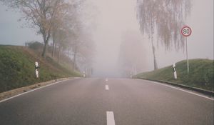 Preview wallpaper road, fog, trees, asphalt