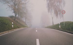 Preview wallpaper road, fog, trees, asphalt