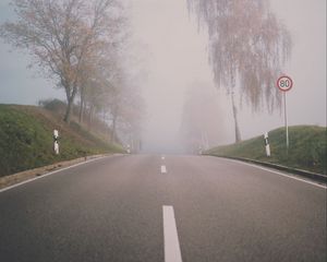 Preview wallpaper road, fog, trees, asphalt